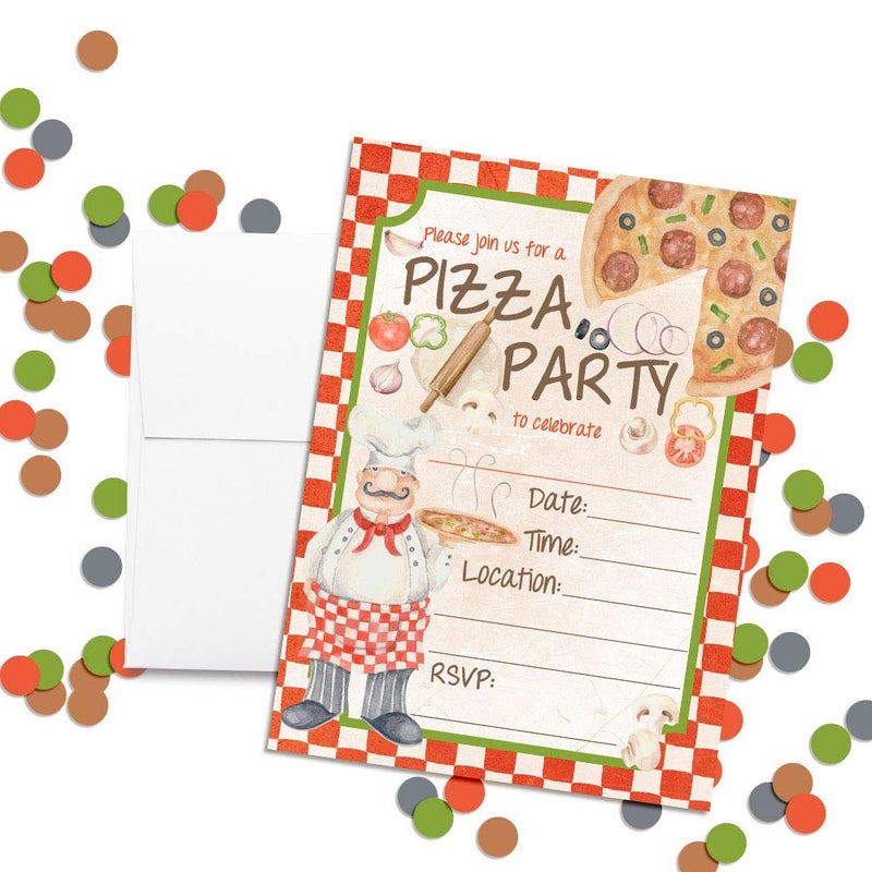 Amanda Creation Watercolor Chef Pizza Party Themed Birthday Party Invitations for Kids, 20 5x7 Fill In Cards with Twenty White Envelopes by AmandaCreation - Image 2